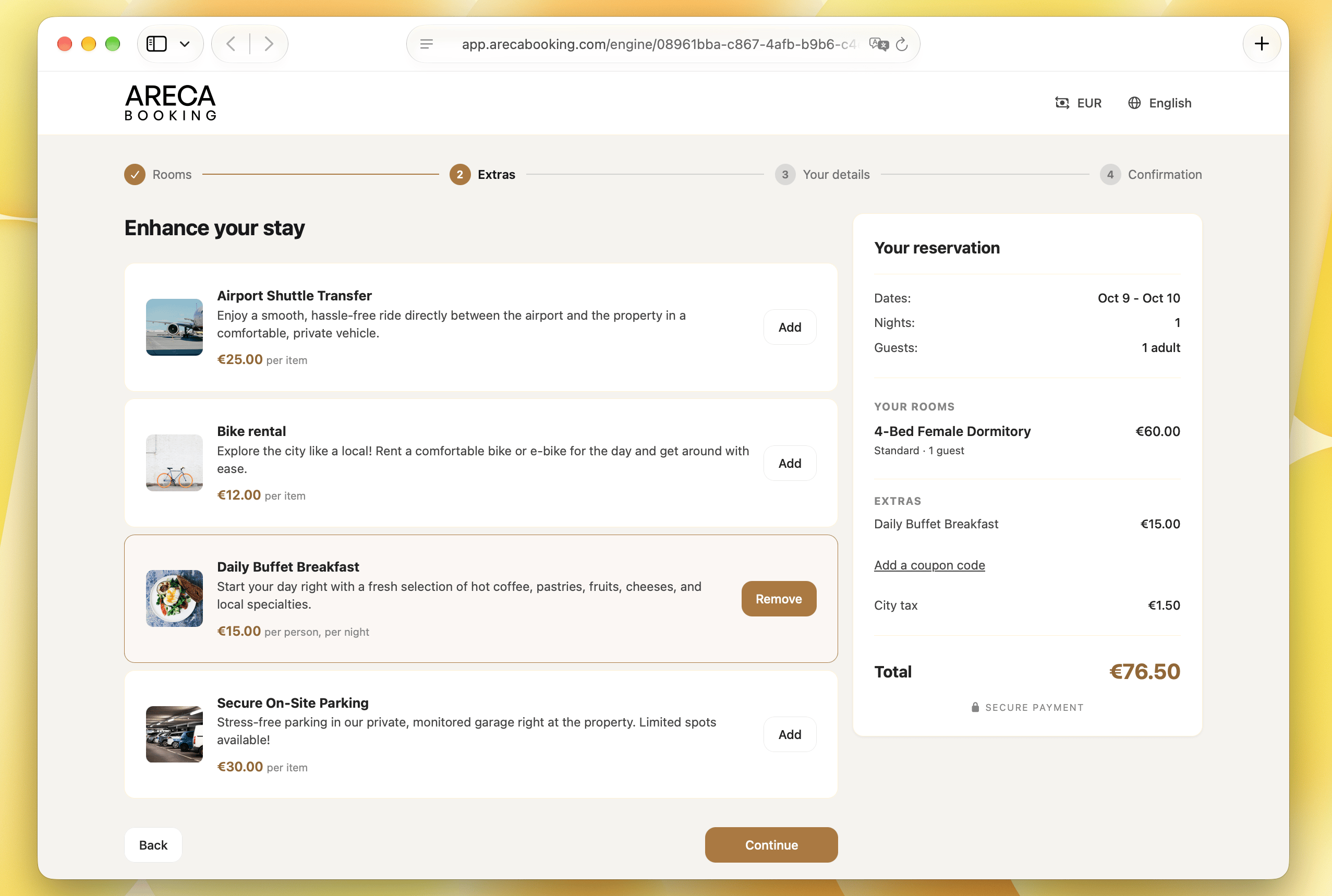 Extras step in the Areca booking engine with airport transfer, bike rental, breakfast and parking