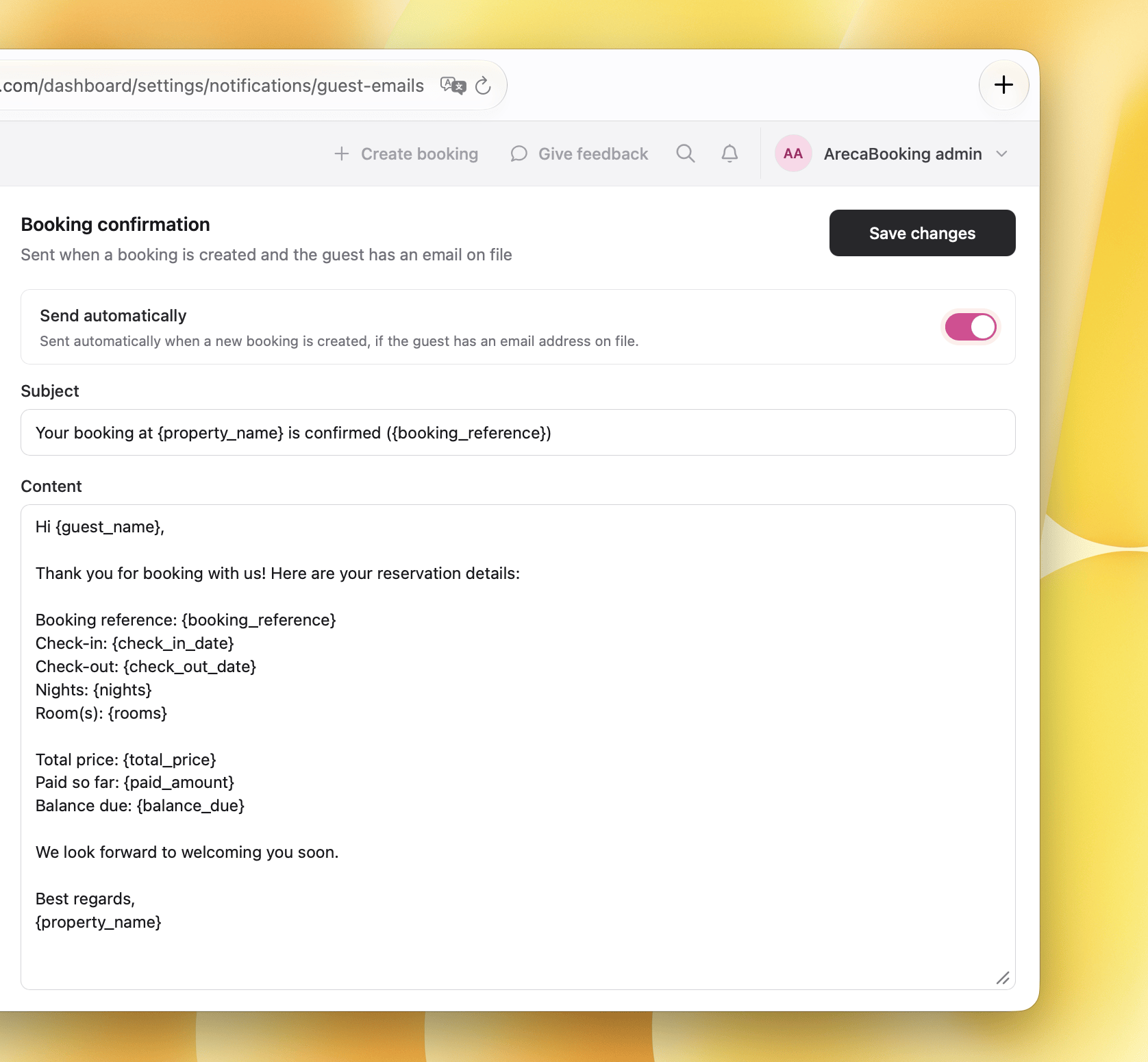 Booking confirmation email template in Areca