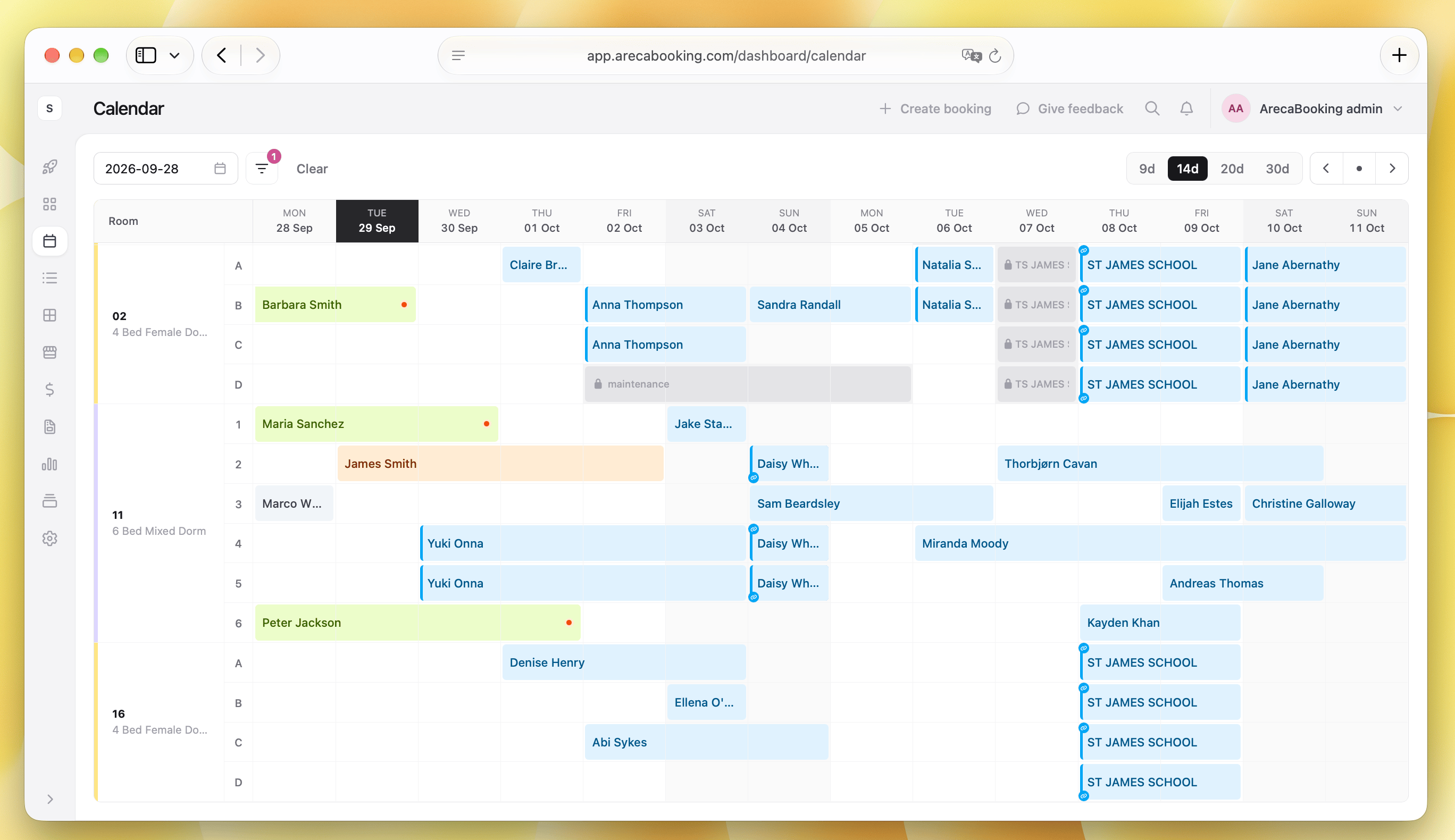 Bed-level calendar in Areca PMS