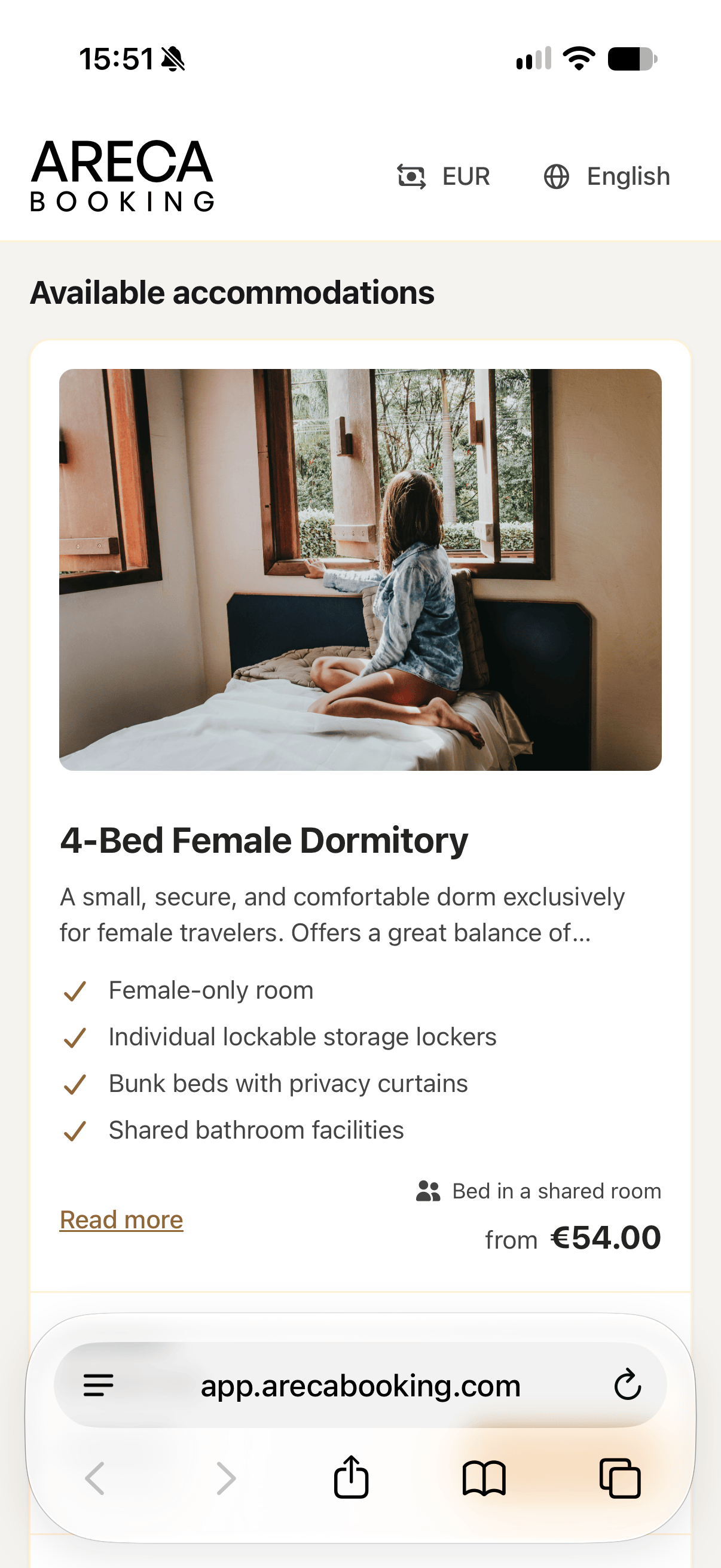 Areca booking engine on a phone showing a bed in a 4-bed female dormitory