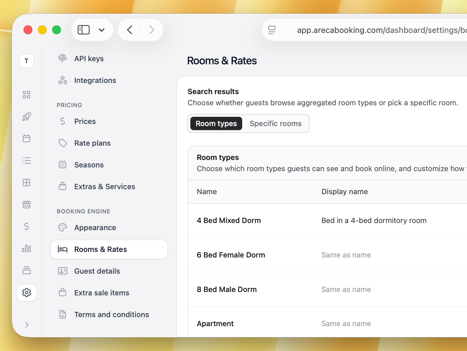 Areca Booking Engine room display settings