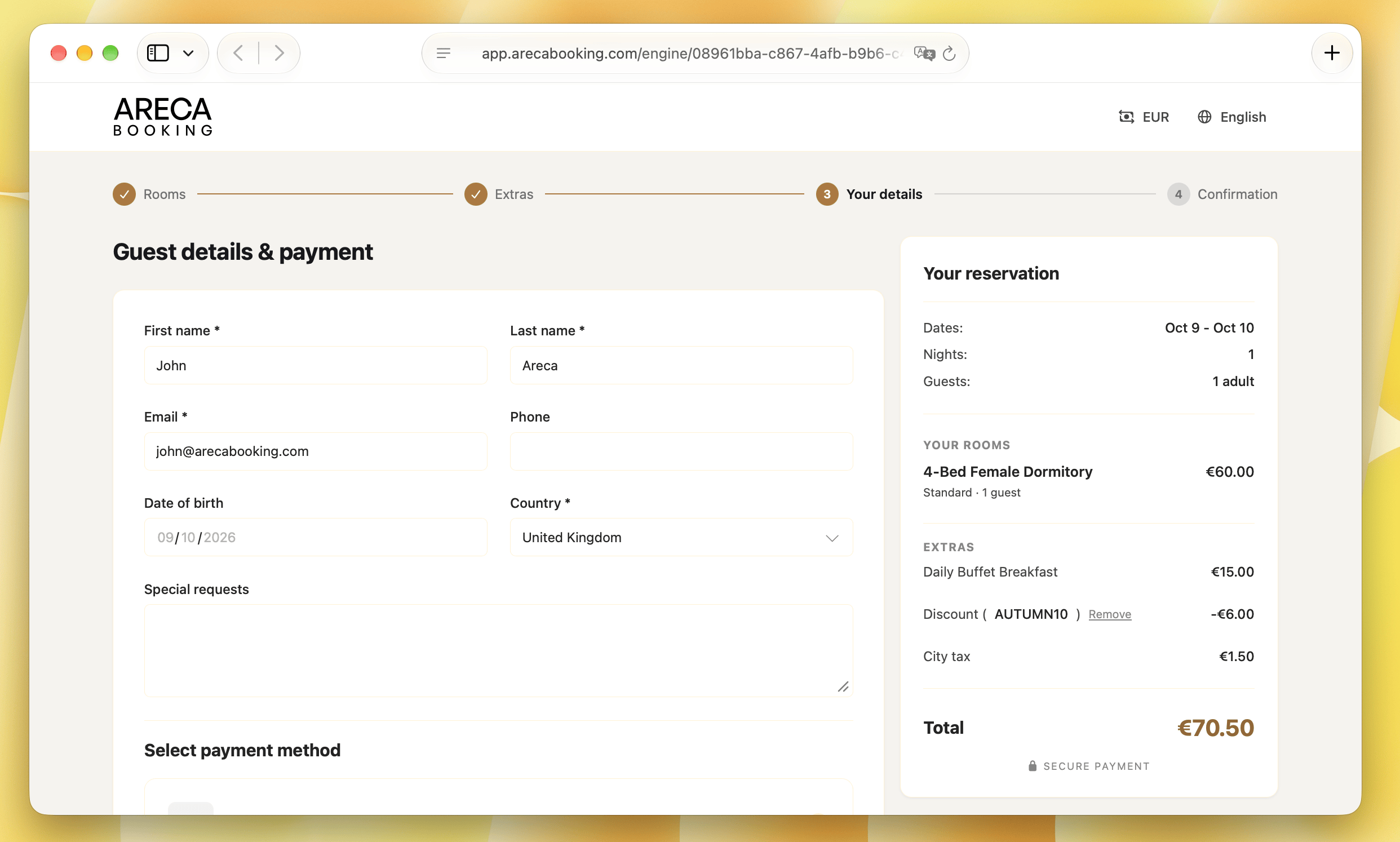 Reservation summary in the Areca booking engine with the AUTUMN10 coupon discount applied to a dorm bed booking