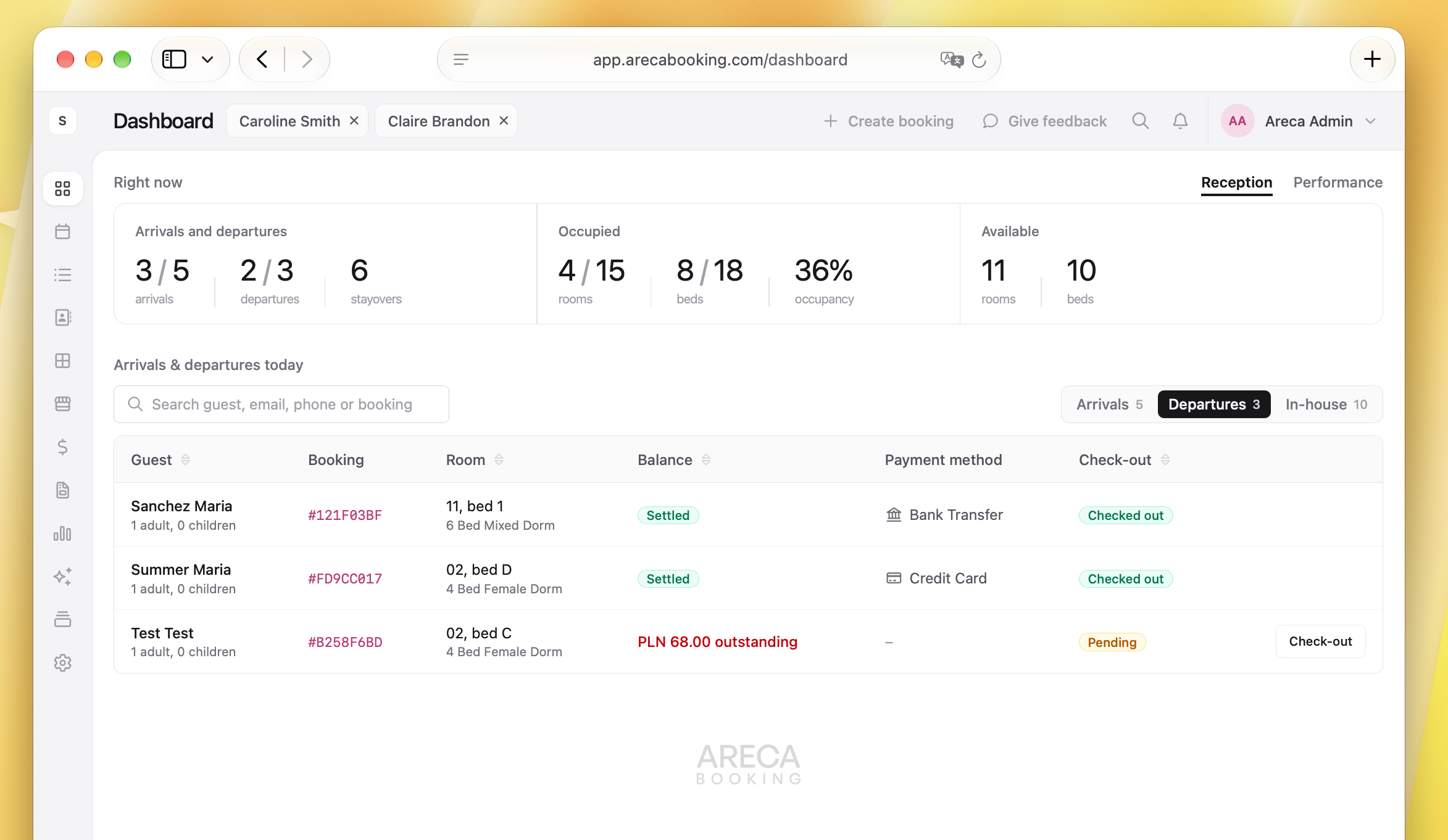 Areca's Dashboard and list of departures and arrivals