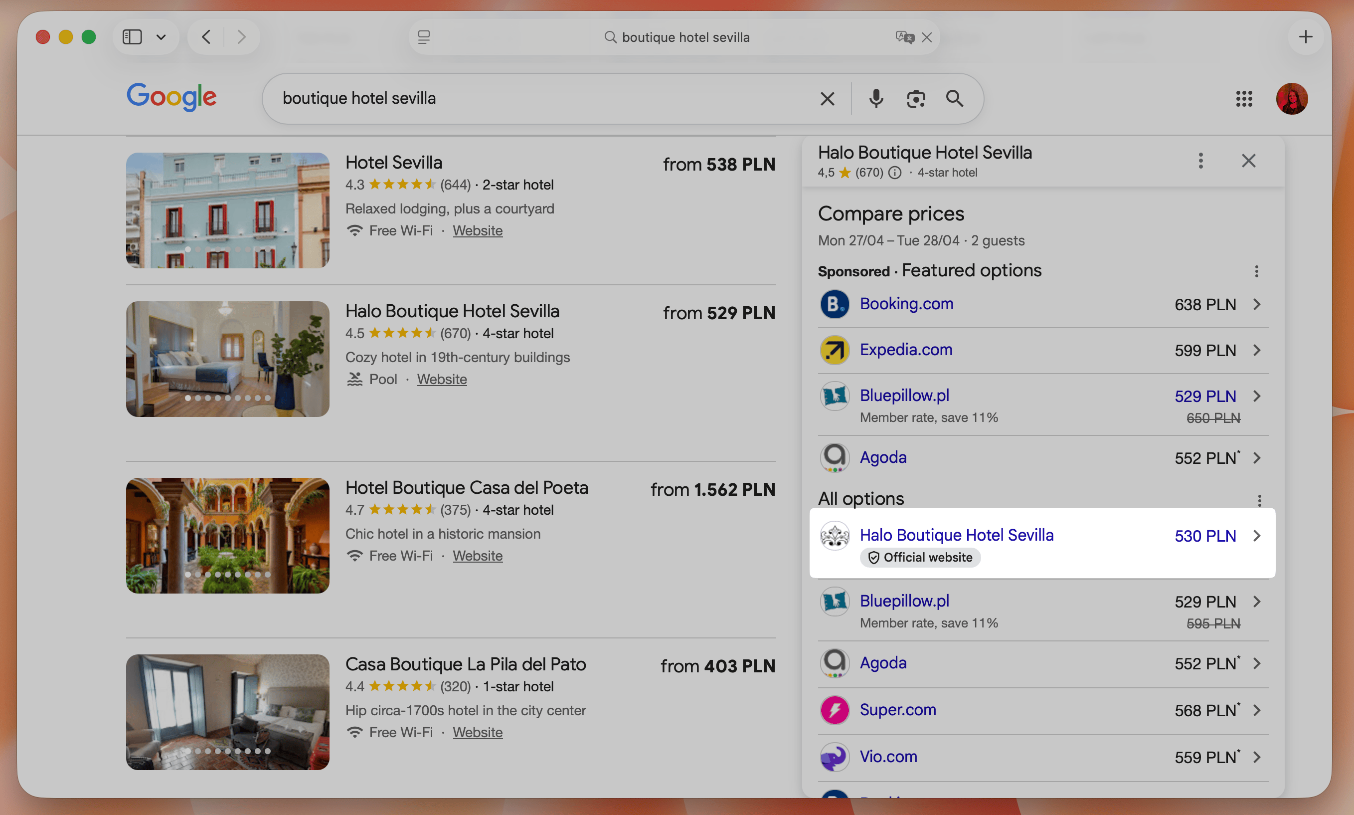 Example of Google Hotel Ads panel showing a property with free booking links