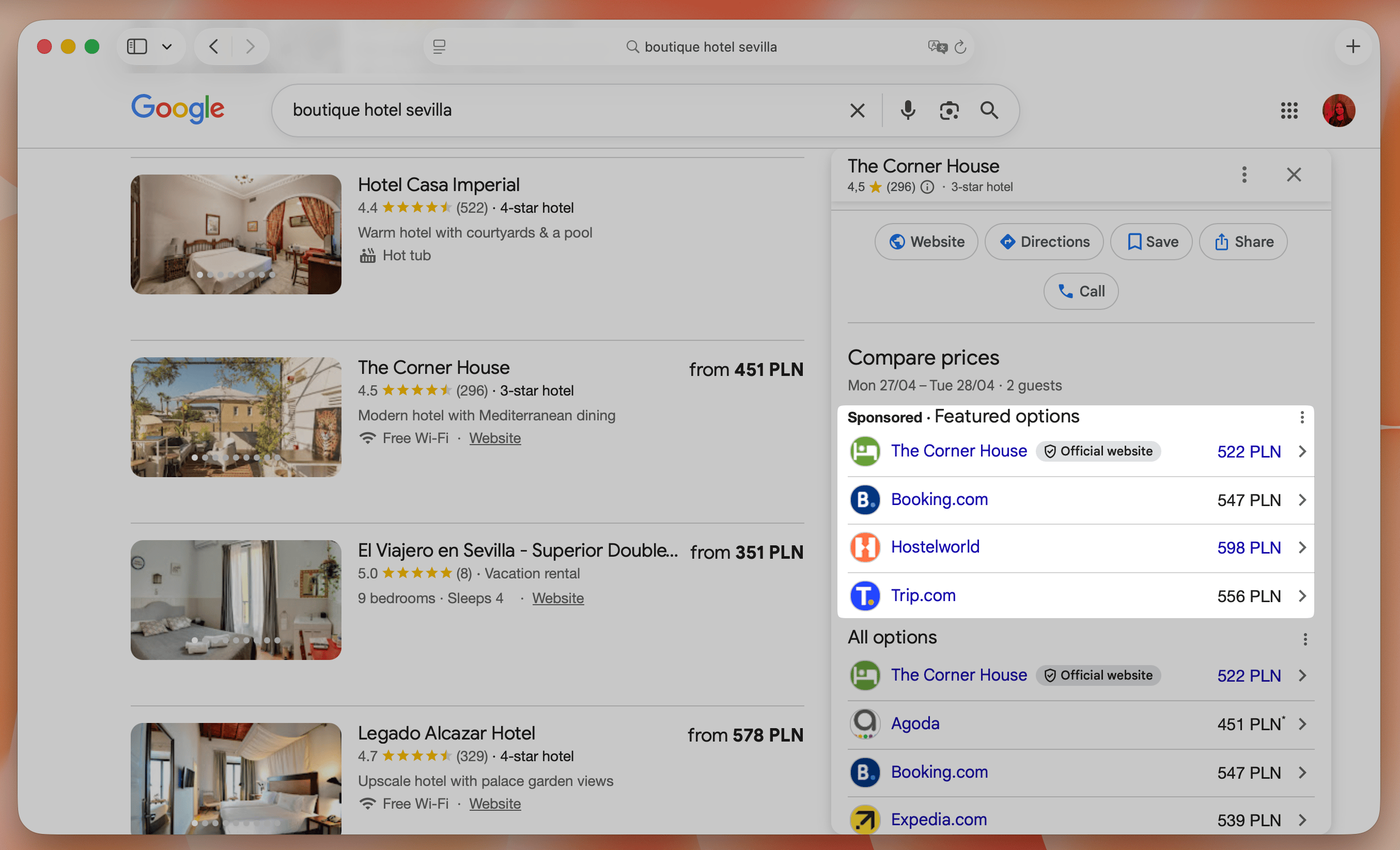 Google Hotel Ads example showing a property with sponsored placement at the top of the panel, alongside OTA listings