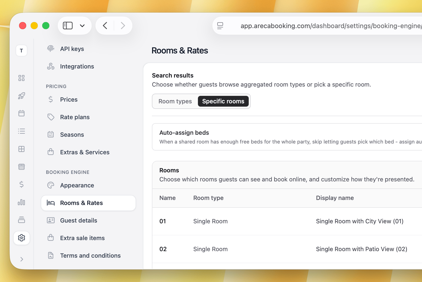 Individual room display settings example