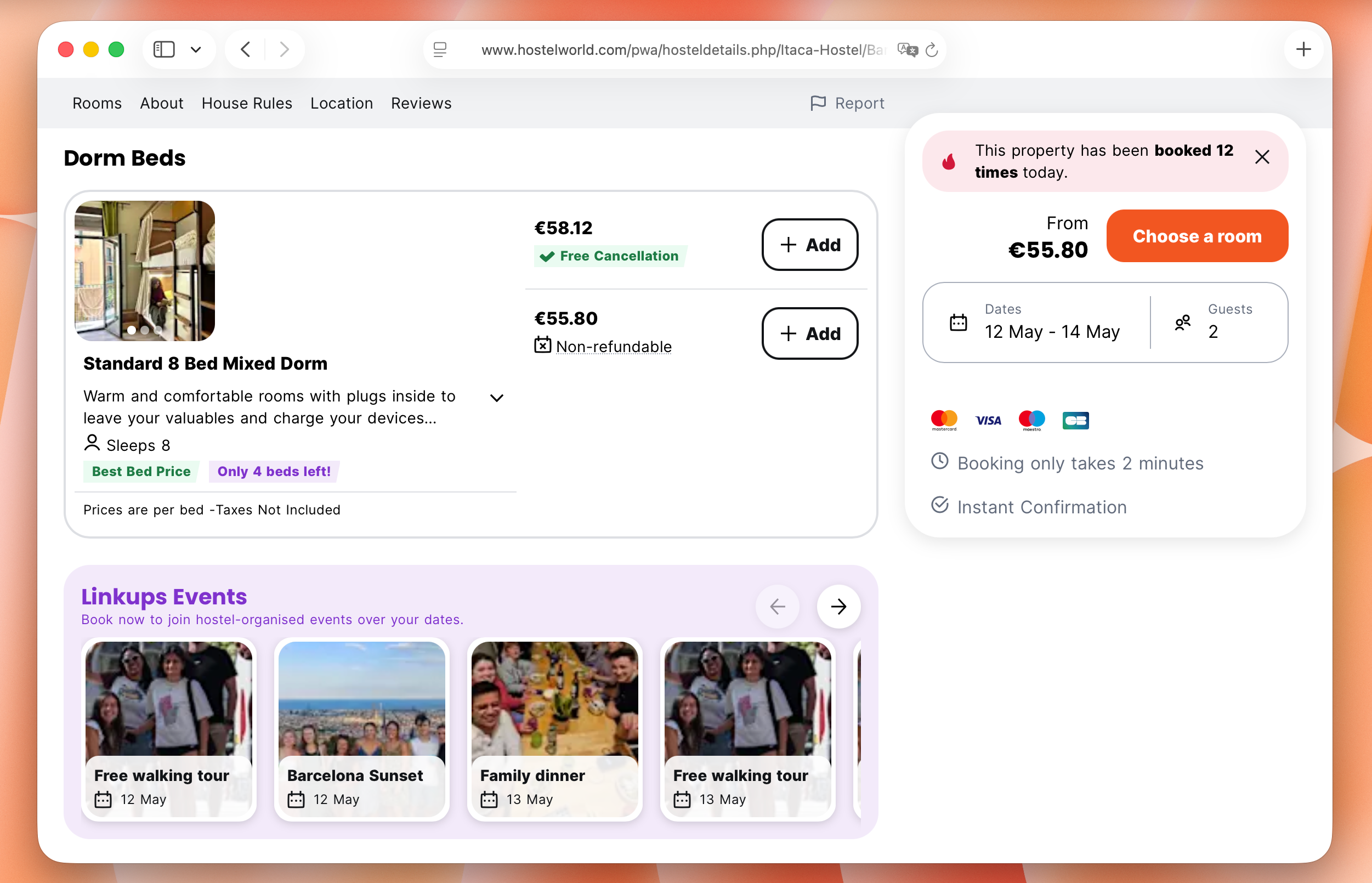 Example of Hostelworld listing with hostel events