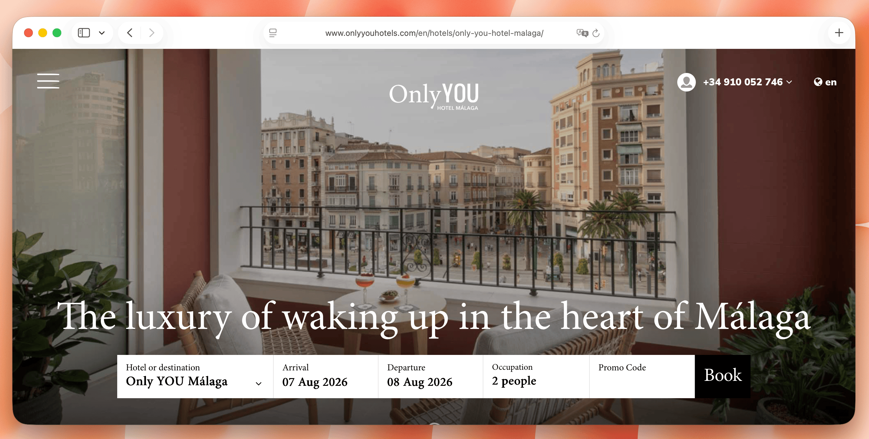 Hero section of OnlyYOU Hotel in Malaga with a clear value proposition and a search widget for dates and guests