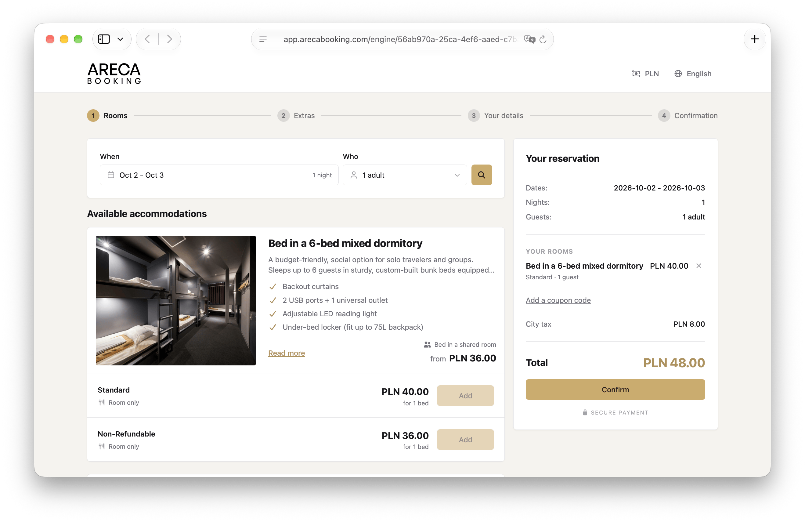 Areca booking engine selling a bed in a 6-bed mixed dorm