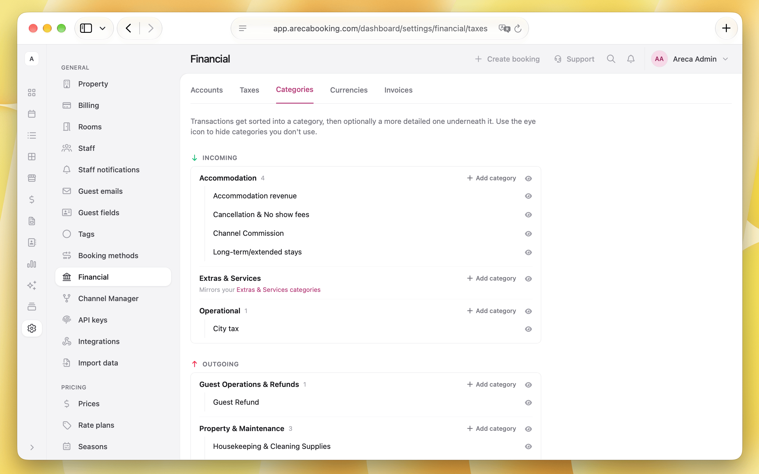 Categories setup