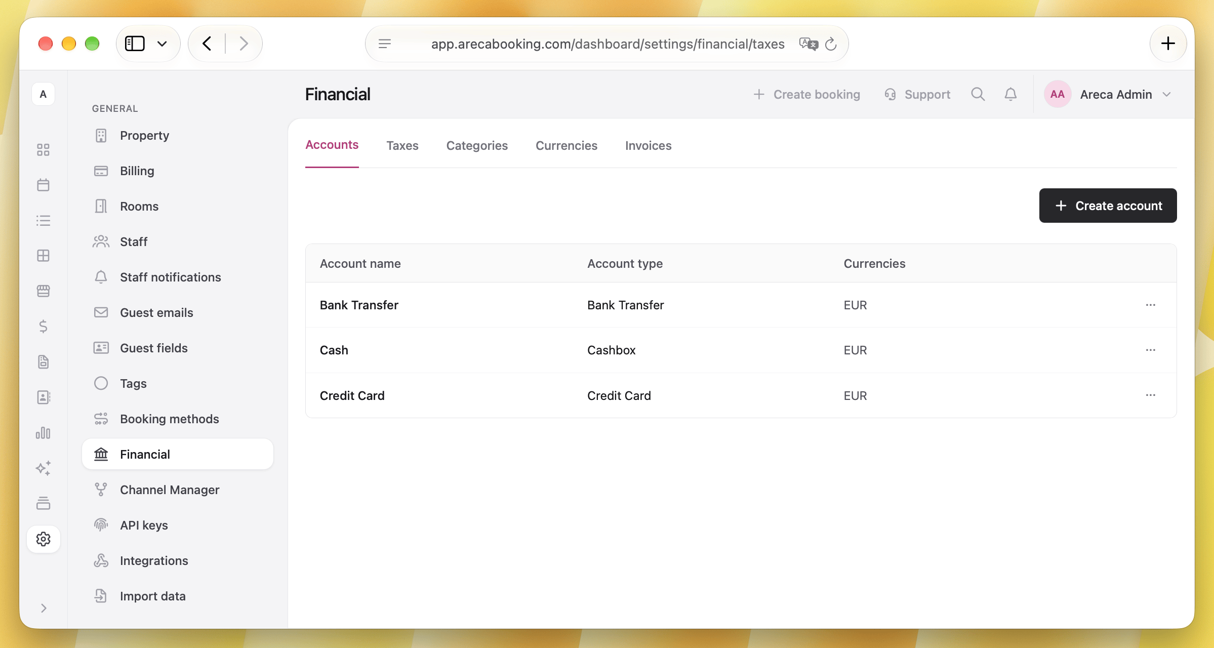 Financial accounts setup